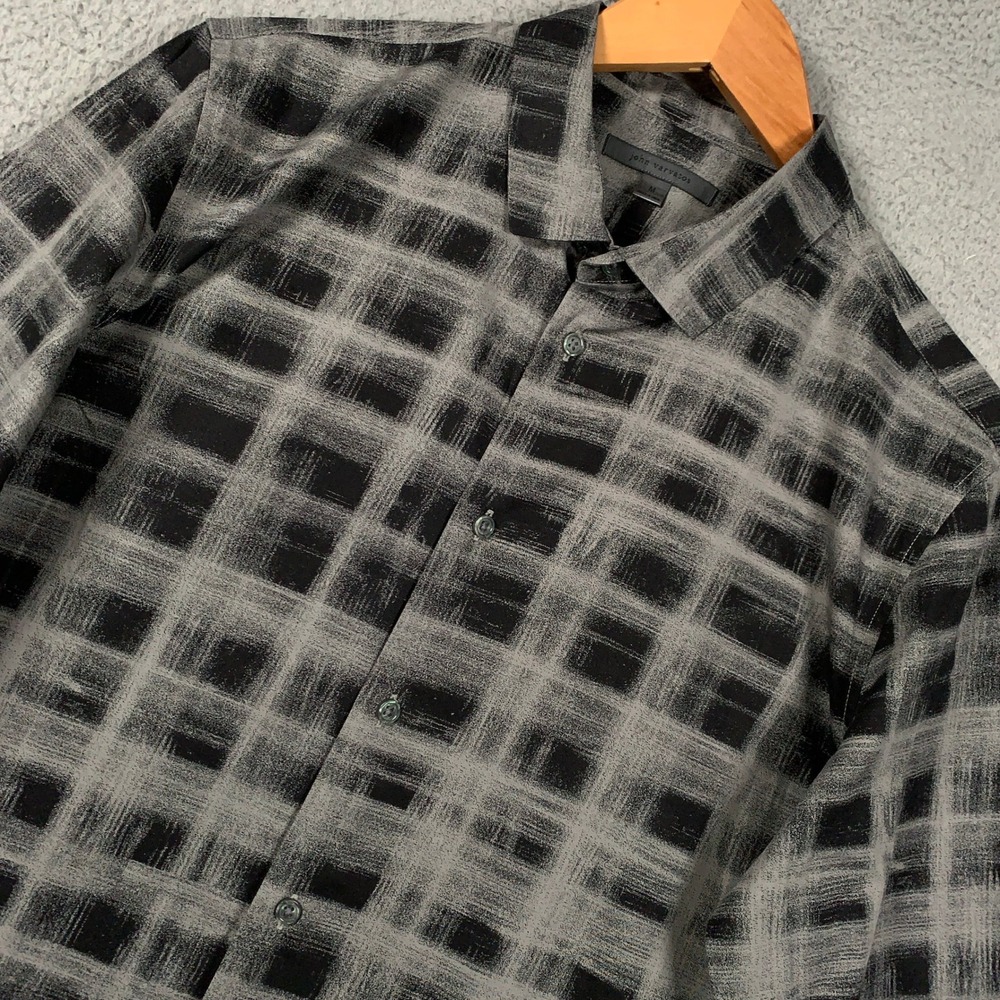 John Varvatos Blurred Plaid Button Down Shirt Men's Medium Grey Edgy Rocker Slim